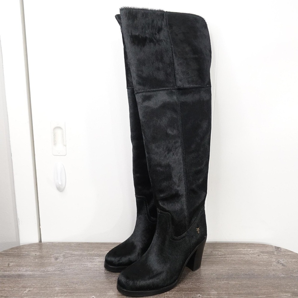New! Frye Corinne OTK Haircalf Boots Womens Size 6 Black Over The Knee‎